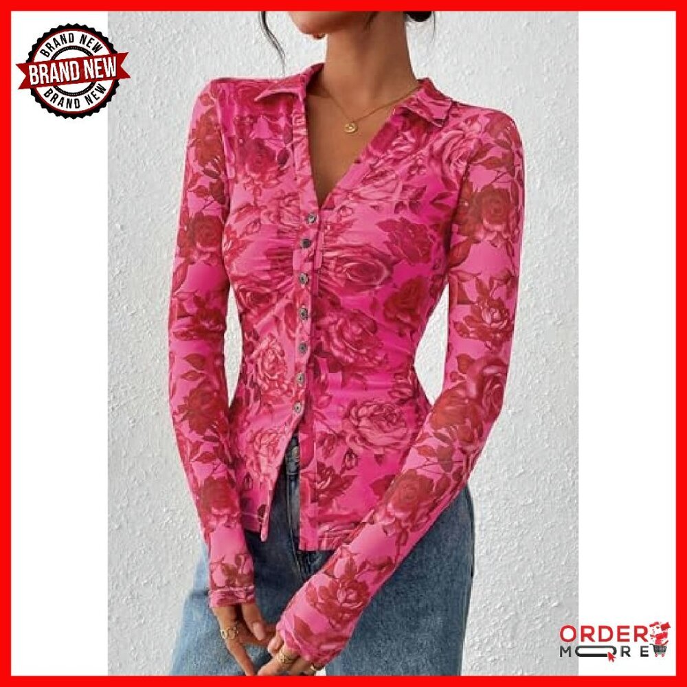 Floral Mesh Blouse Long Sleeve V Neck Boho Button Down Shirt - Picture 5 of 8